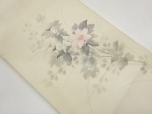 作家物　絽銀彩手描き花葉模様刺繍名古屋帯